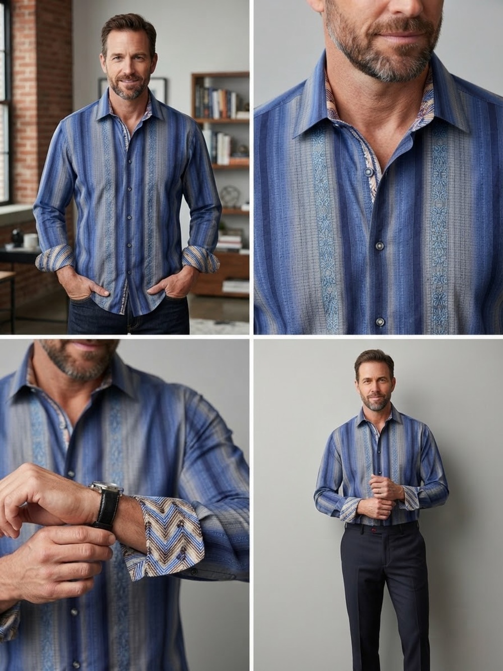 Robert Graham Blue/Gray Striped Embroidered Long Sleeve Shirt Men's 2XL
